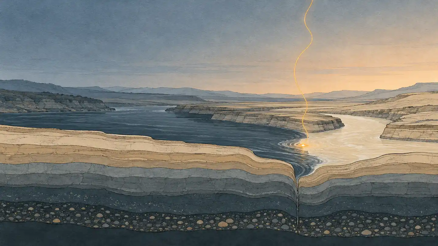 Two rivers, one slate-blue and one pale sand, meet beneath layered sandstone at dusk. A thin amber line rises from the point where they join.